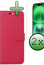 BASEY. Hoes Geschikt voor iPhone 16 Hoesje Bookcase Hoes Flip Case Book Cover Met 2x Screenprotector - Hoesje Geschikt voor iPhone 16 Hoes Book Case Hoesje - Donkerroze