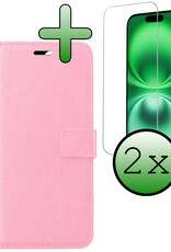 BASEY. Hoes Geschikt voor iPhone 16 Hoesje Bookcase Hoes Flip Case Book Cover Met 2x Screenprotector - Hoesje Geschikt voor iPhone 16 Hoes Book Case Hoesje - Lichtroze