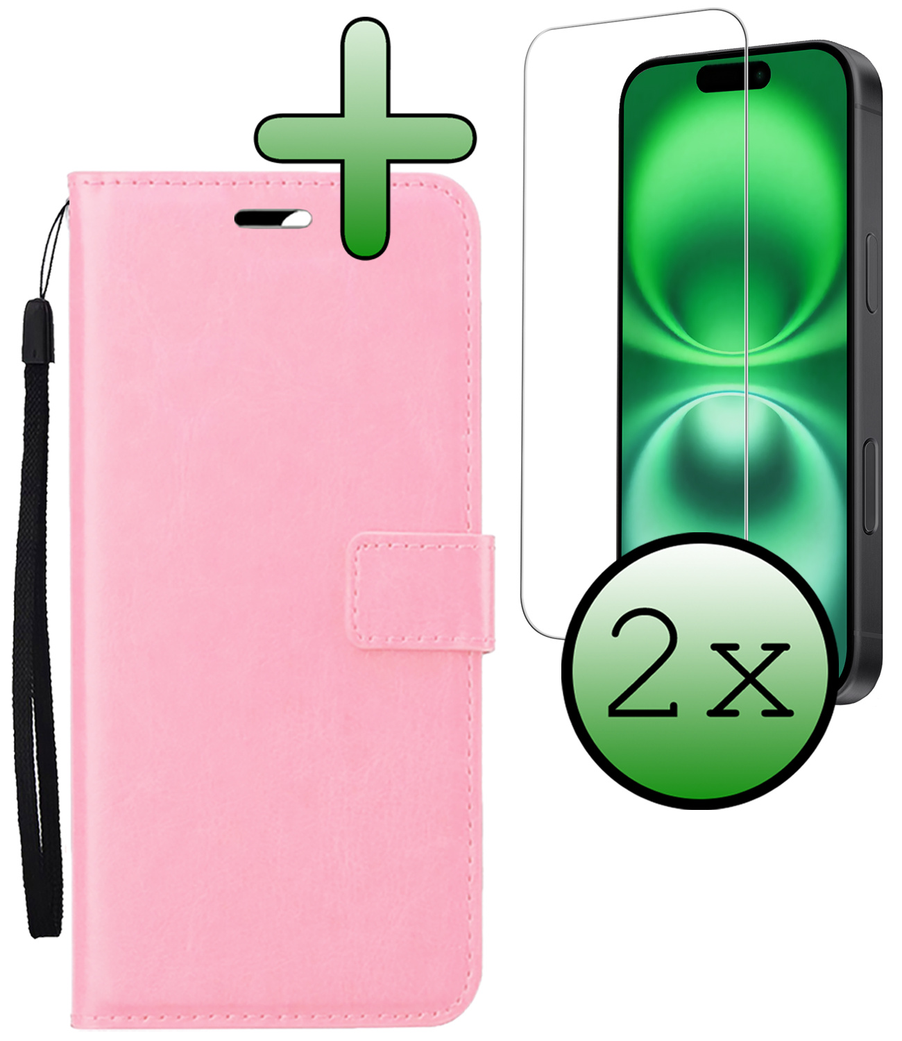 BASEY. Hoes Geschikt voor iPhone 16 Hoesje Bookcase Hoes Flip Case Book Cover Met 2x Screenprotector - Hoesje Geschikt voor iPhone 16 Hoes Book Case Hoesje - Lichtroze