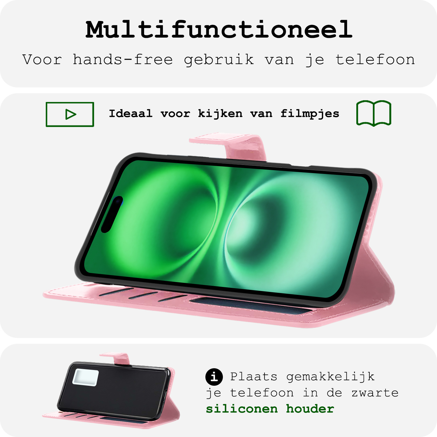 BASEY. Hoes Geschikt voor iPhone 16 Hoesje Bookcase Hoes Flip Case Book Cover Met 2x Screenprotector - Hoesje Geschikt voor iPhone 16 Hoes Book Case Hoesje - Lichtroze