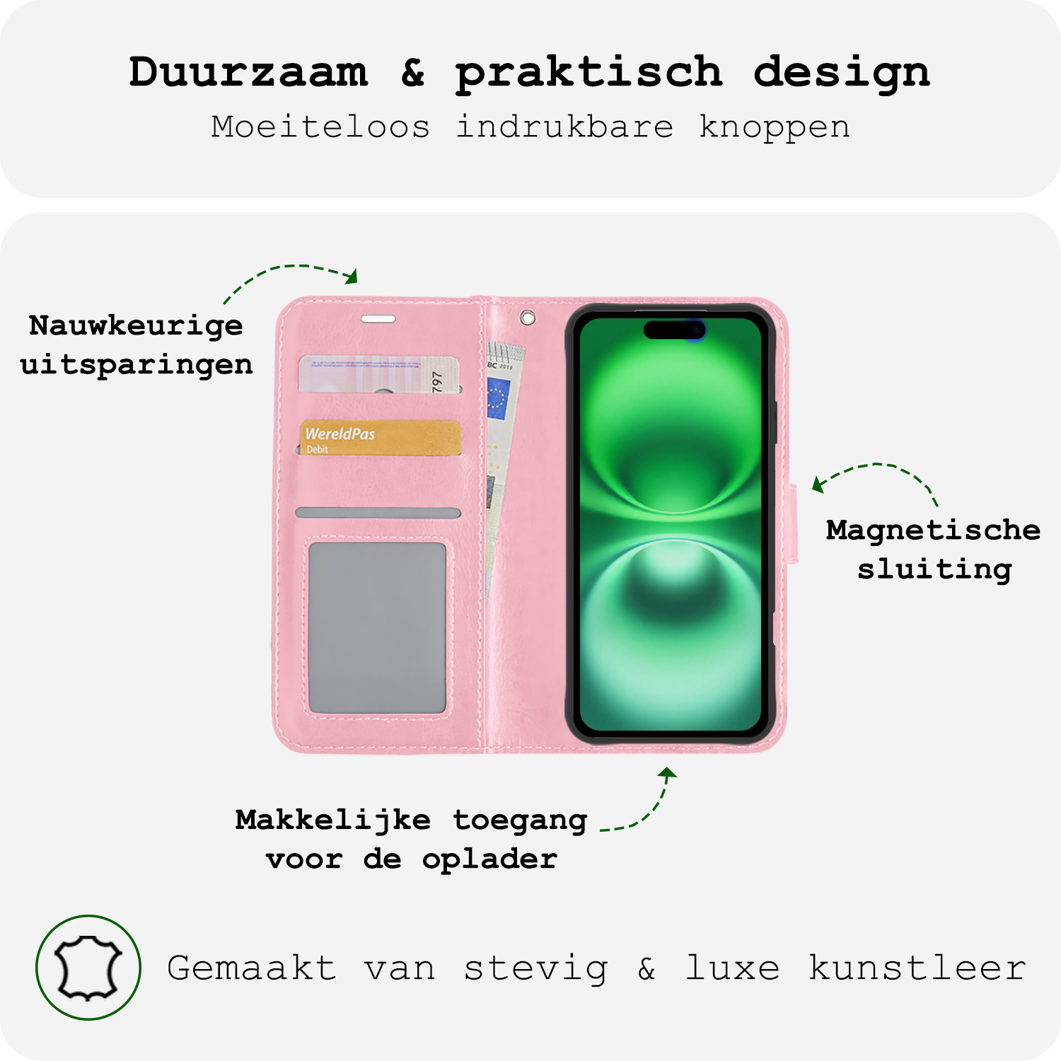 BASEY. Hoes Geschikt voor iPhone 16 Hoesje Bookcase Hoes Flip Case Book Cover Met 2x Screenprotector - Hoesje Geschikt voor iPhone 16 Hoes Book Case Hoesje - Lichtroze