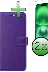 BASEY. Hoes Geschikt voor iPhone 16 Hoesje Bookcase Hoes Flip Case Book Cover Met 2x Screenprotector - Hoesje Geschikt voor iPhone 16 Hoes Book Case Hoesje - Paars