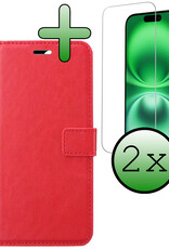 BASEY. Hoes Geschikt voor iPhone 16 Hoesje Bookcase Hoes Flip Case Book Cover Met 2x Screenprotector - Hoesje Geschikt voor iPhone 16 Hoes Book Case Hoesje - Rood