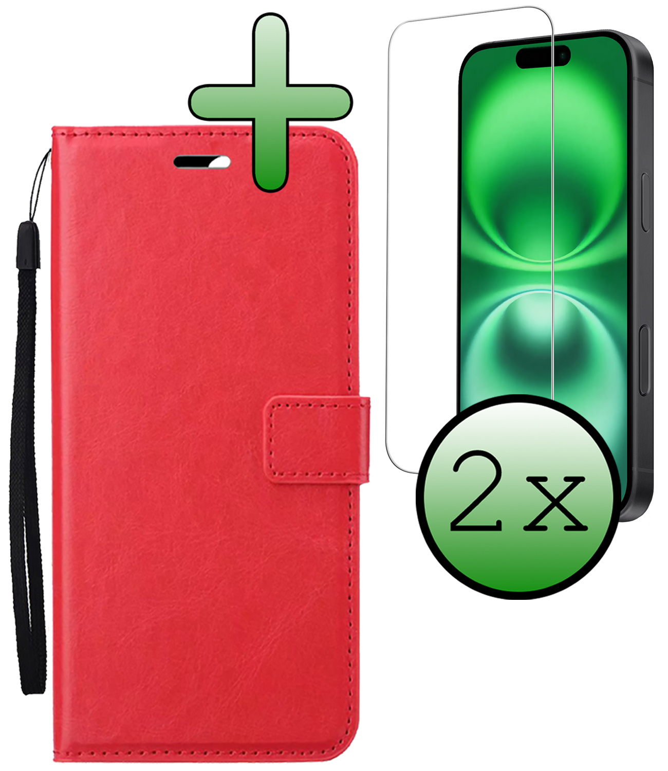BASEY. Hoes Geschikt voor iPhone 16 Hoesje Bookcase Hoes Flip Case Book Cover Met 2x Screenprotector - Hoesje Geschikt voor iPhone 16 Hoes Book Case Hoesje - Rood