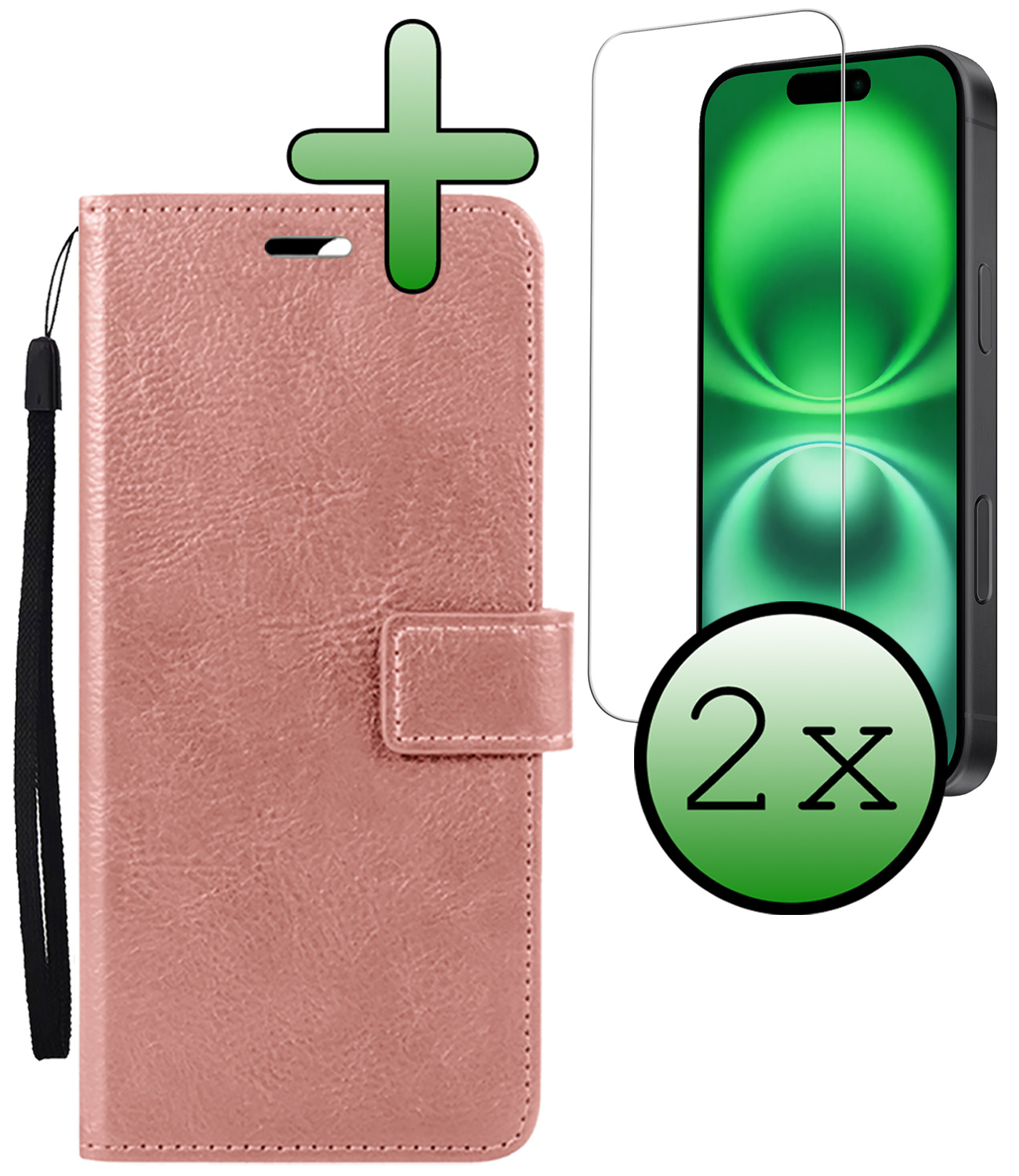 BASEY. Hoes Geschikt voor iPhone 16 Hoesje Bookcase Hoes Flip Case Book Cover Met 2x Screenprotector - Hoesje Geschikt voor iPhone 16 Hoes Book Case Hoesje - Rosé goud