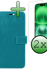 BASEY. Hoes Geschikt voor iPhone 16 Hoesje Bookcase Hoes Flip Case Book Cover Met 2x Screenprotector - Hoesje Geschikt voor iPhone 16 Hoes Book Case Hoesje - Turquoise