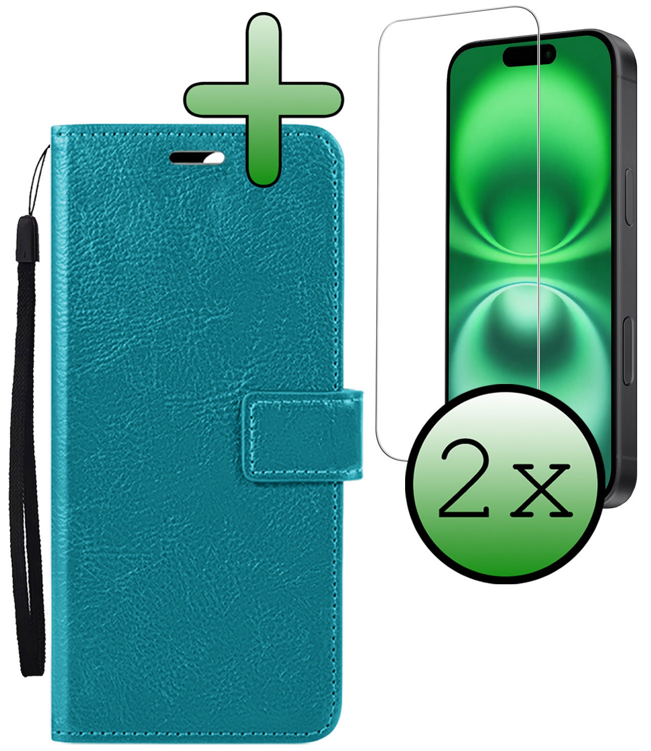 BASEY. Hoes Geschikt voor iPhone 16 Hoesje Bookcase Hoes Flip Case Book Cover Met 2x Screenprotector - Hoesje Geschikt voor iPhone 16 Hoes Book Case Hoesje - Turquoise
