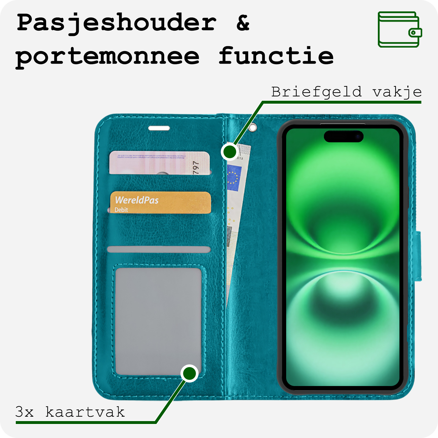 BASEY. Hoes Geschikt voor iPhone 16 Hoesje Bookcase Hoes Flip Case Book Cover Met 2x Screenprotector - Hoesje Geschikt voor iPhone 16 Hoes Book Case Hoesje - Turquoise