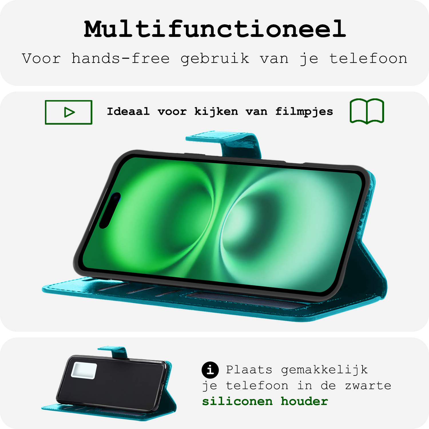 BASEY. Hoes Geschikt voor iPhone 16 Hoesje Bookcase Hoes Flip Case Book Cover Met 2x Screenprotector - Hoesje Geschikt voor iPhone 16 Hoes Book Case Hoesje - Turquoise