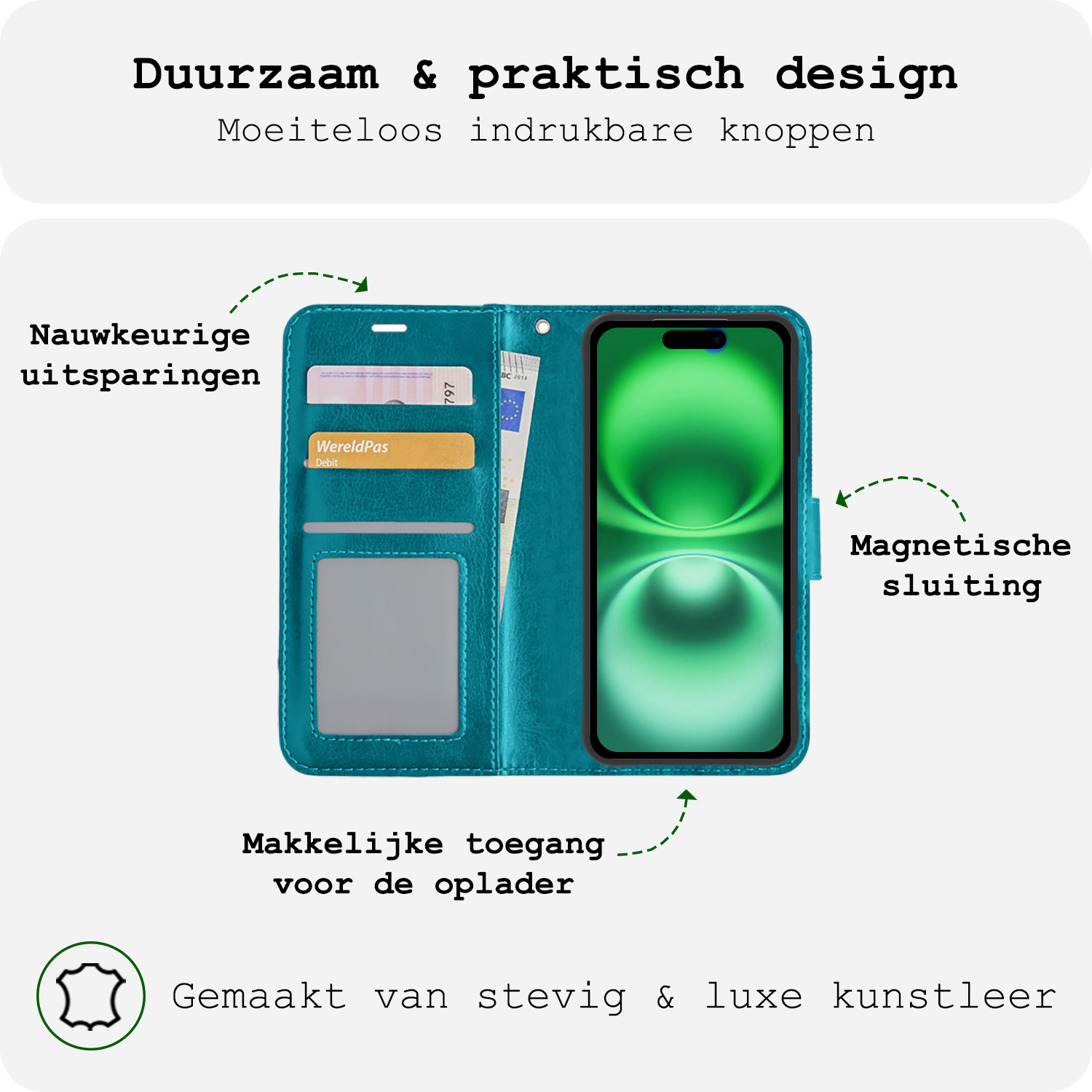 BASEY. Hoes Geschikt voor iPhone 16 Hoesje Bookcase Hoes Flip Case Book Cover Met 2x Screenprotector - Hoesje Geschikt voor iPhone 16 Hoes Book Case Hoesje - Turquoise