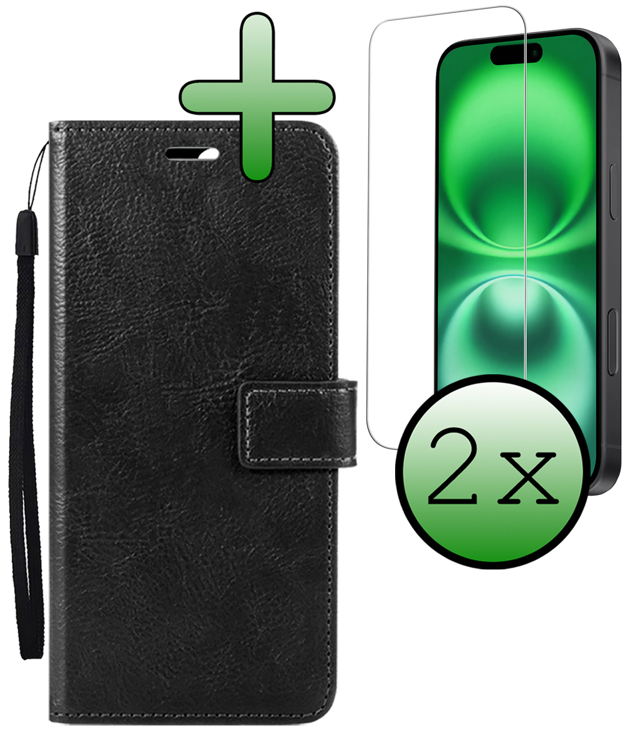 BASEY. Hoes Geschikt voor iPhone 16 Hoesje Bookcase Hoes Flip Case Book Cover Met 2x Screenprotector - Hoesje Geschikt voor iPhone 16 Hoes Book Case Hoesje - Zwart