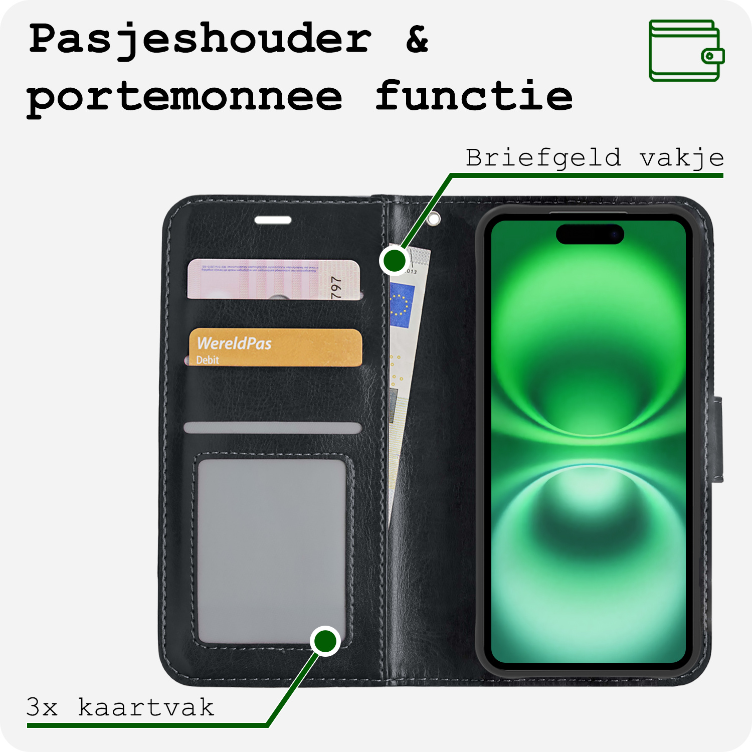 BASEY. Hoes Geschikt voor iPhone 16 Hoesje Bookcase Hoes Flip Case Book Cover Met 2x Screenprotector - Hoesje Geschikt voor iPhone 16 Hoes Book Case Hoesje - Zwart