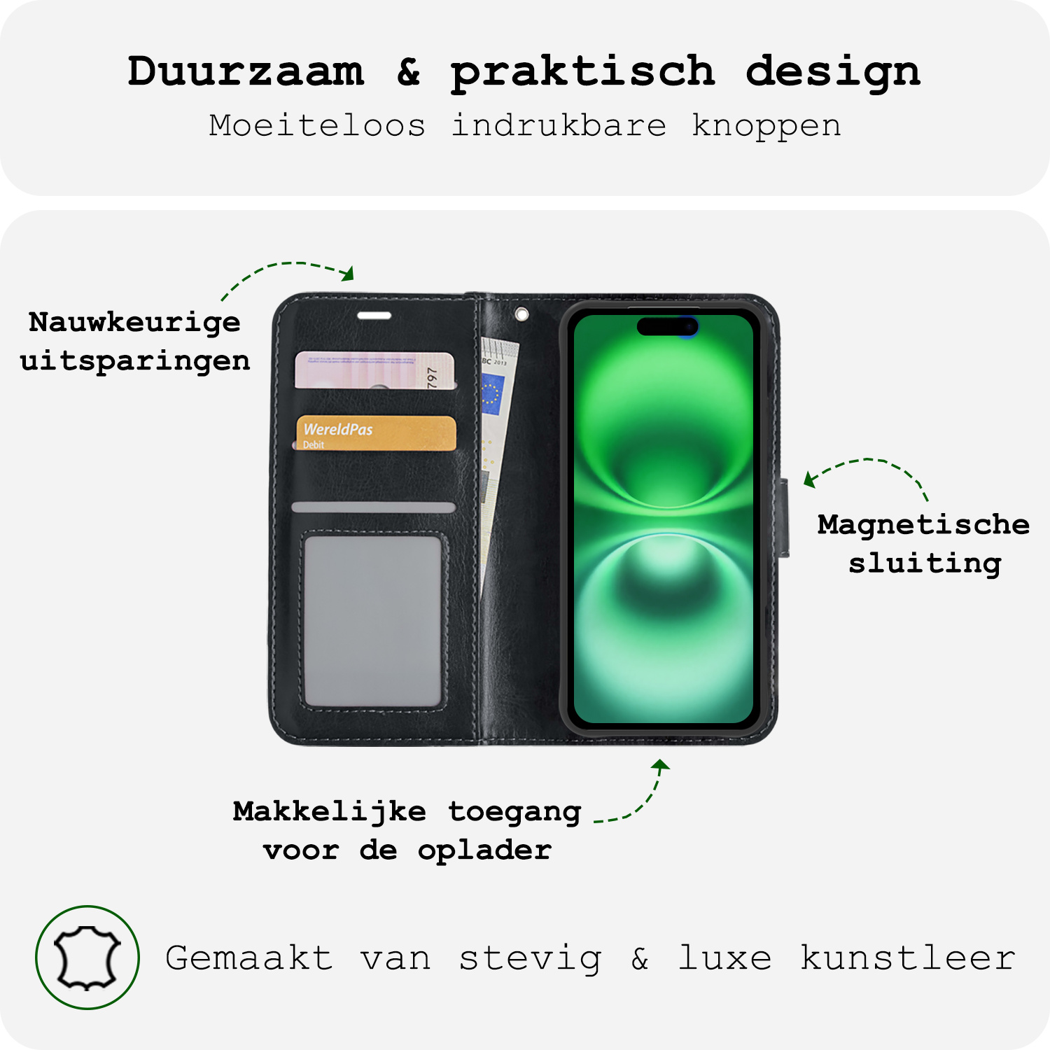 BASEY. Hoes Geschikt voor iPhone 16 Hoesje Bookcase Hoes Flip Case Book Cover Met 2x Screenprotector - Hoesje Geschikt voor iPhone 16 Hoes Book Case Hoesje - Zwart