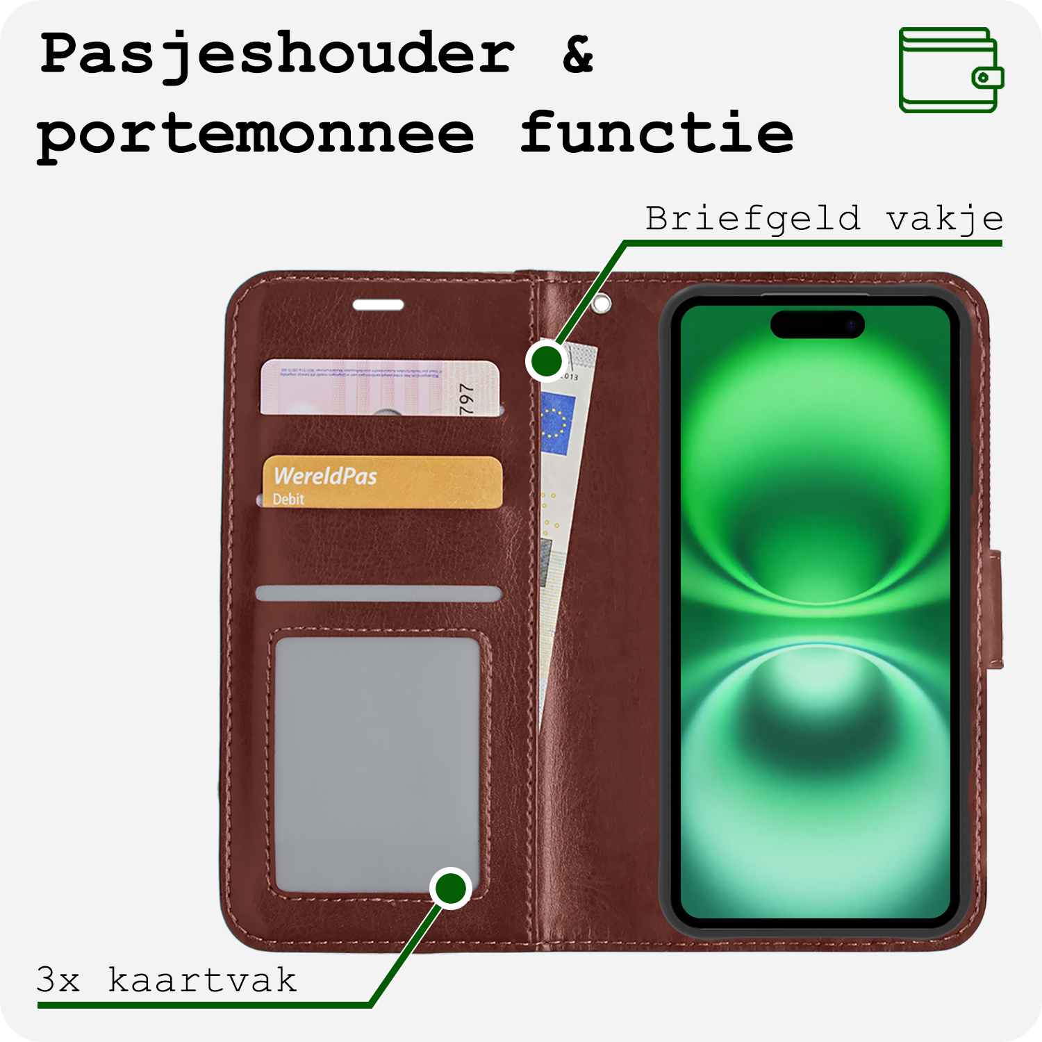 BASEY. Hoes Geschikt voor iPhone 16 Plus Hoesje Bookcase Hoes Flip Case Book Cover - Hoesje Geschikt voor iPhone 16 Plus Hoes Book Case Hoesje - Bruin