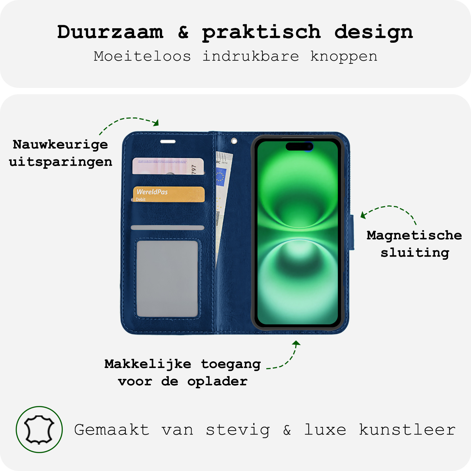 BASEY. Hoes Geschikt voor iPhone 16 Plus Hoesje Bookcase Hoes Flip Case Book Cover - Hoesje Geschikt voor iPhone 16 Plus Hoes Book Case Hoesje - Donkerblauw