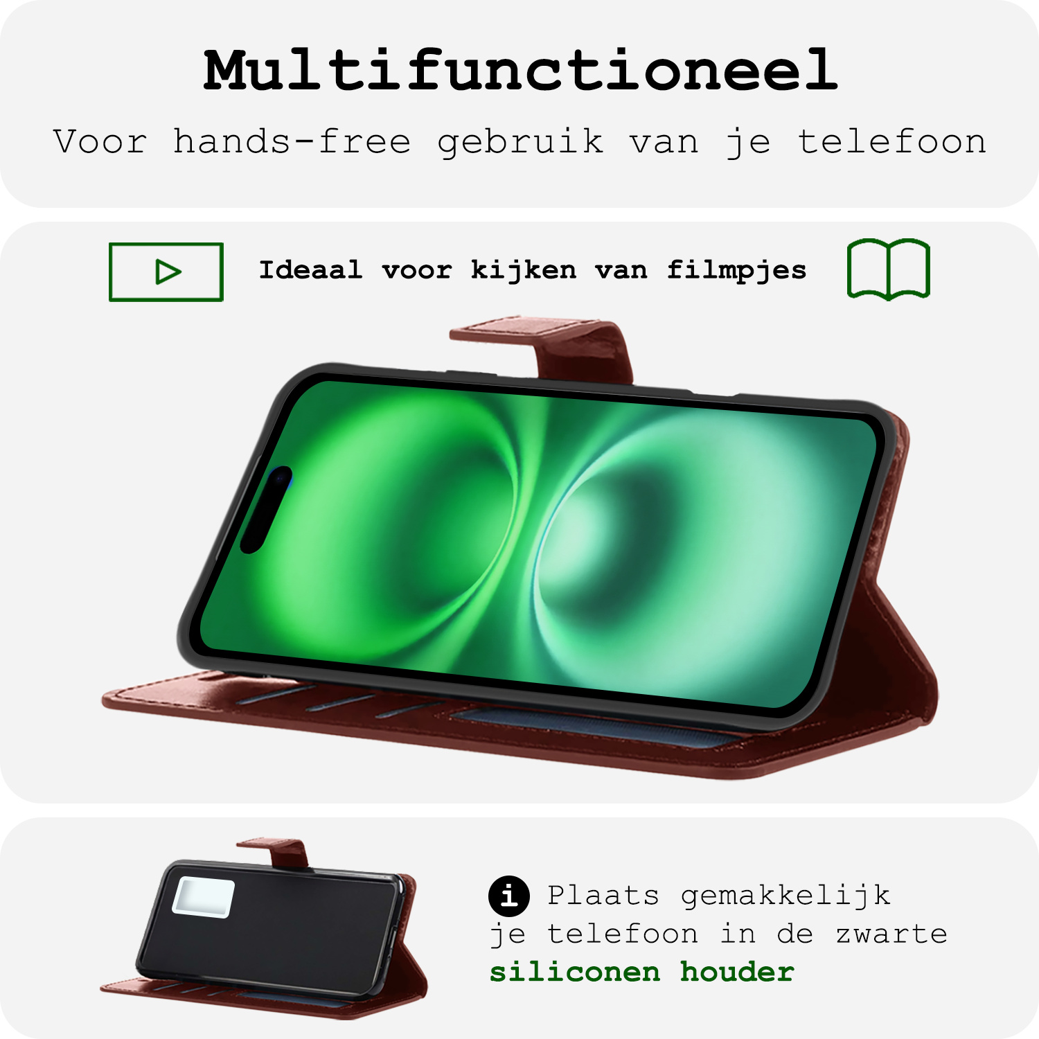 BASEY. Hoes Geschikt voor iPhone 16 Plus Hoesje Bookcase Hoes Flip Case Book Cover Met Screenprotector - Hoesje Geschikt voor iPhone 16 Plus Hoes Book Case Hoesje - Bruin