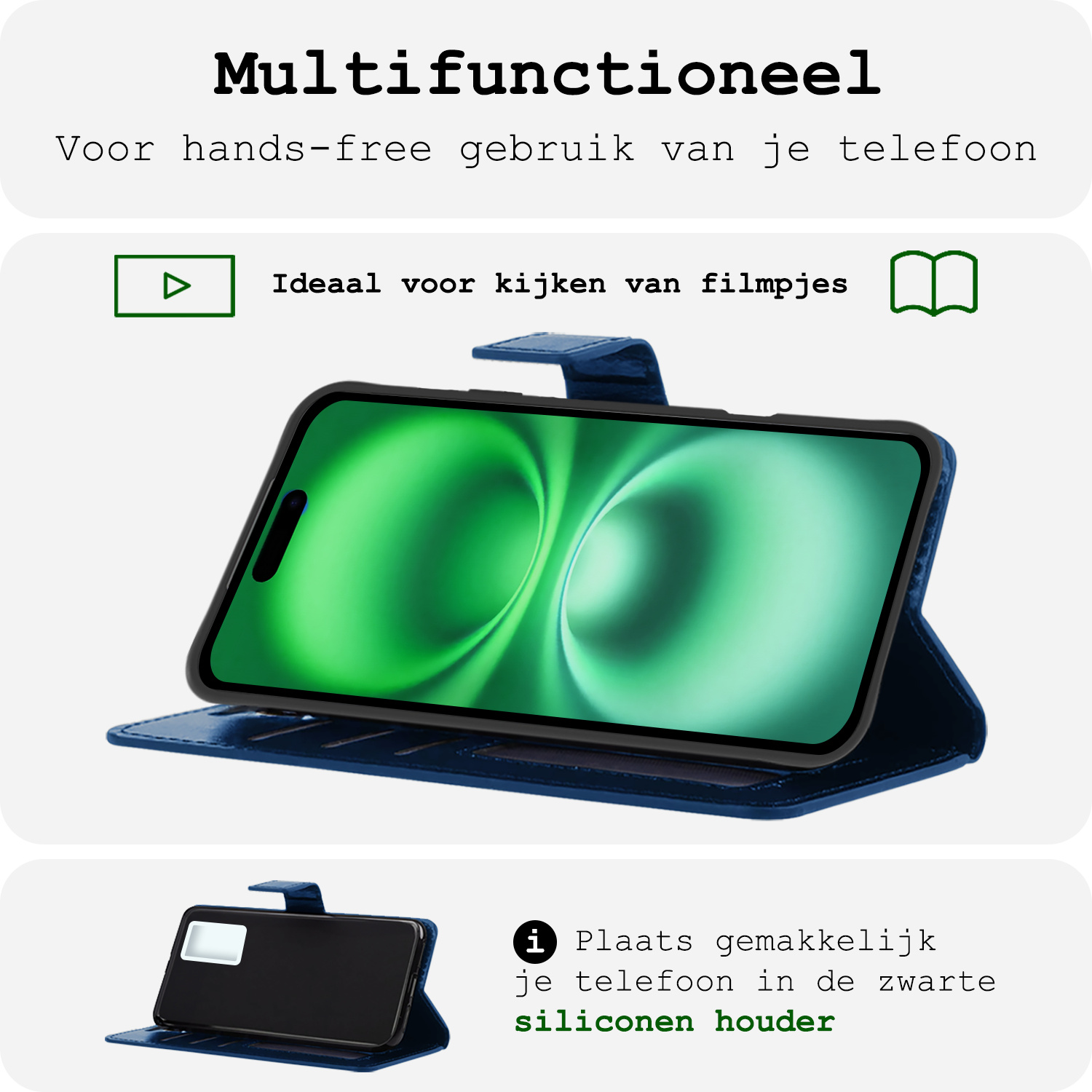 BASEY. Hoes Geschikt voor iPhone 16 Plus Hoesje Bookcase Hoes Flip Case Book Cover Met Screenprotector - Hoesje Geschikt voor iPhone 16 Plus Hoes Book Case Hoesje - Donkerblauw