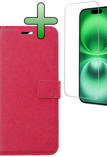 BASEY. Hoes Geschikt voor iPhone 16 Plus Hoesje Bookcase Hoes Flip Case Book Cover Met Screenprotector - Hoesje Geschikt voor iPhone 16 Plus Hoes Book Case Hoesje - Donkerroze