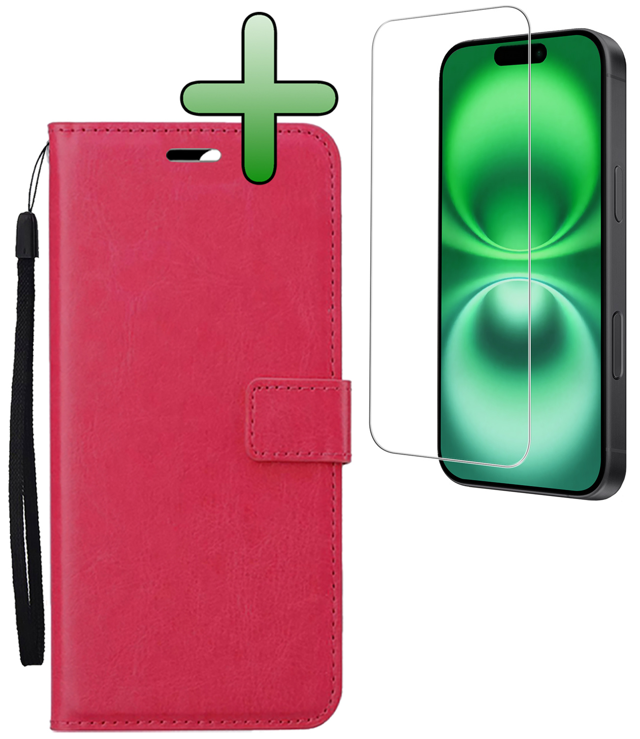 BASEY. Hoes Geschikt voor iPhone 16 Plus Hoesje Bookcase Hoes Flip Case Book Cover Met Screenprotector - Hoesje Geschikt voor iPhone 16 Plus Hoes Book Case Hoesje - Donkerroze