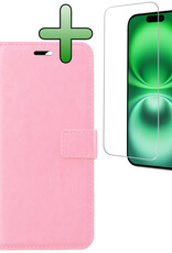 BASEY. Hoes Geschikt voor iPhone 16 Plus Hoesje Bookcase Hoes Flip Case Book Cover Met Screenprotector - Hoesje Geschikt voor iPhone 16 Plus Hoes Book Case Hoesje - Lichtroze