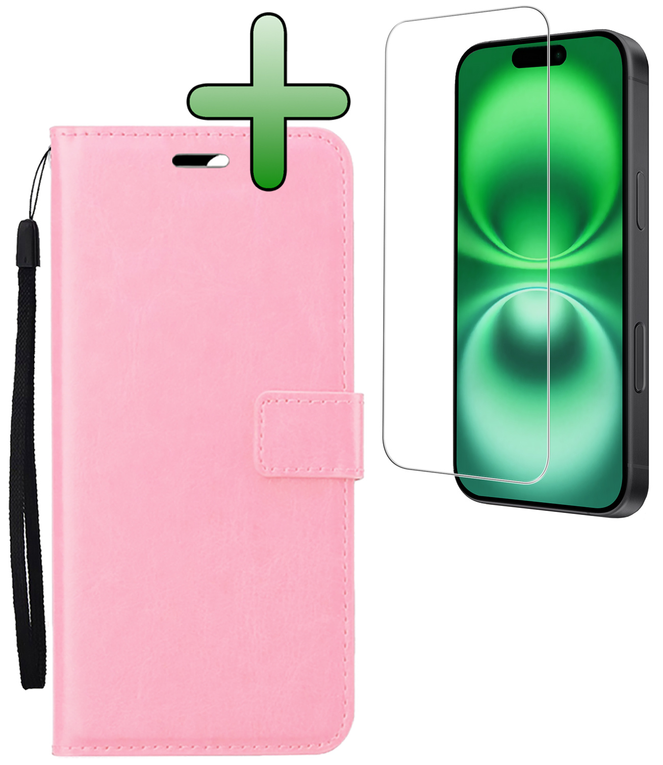BASEY. Hoes Geschikt voor iPhone 16 Plus Hoesje Bookcase Hoes Flip Case Book Cover Met Screenprotector - Hoesje Geschikt voor iPhone 16 Plus Hoes Book Case Hoesje - Lichtroze