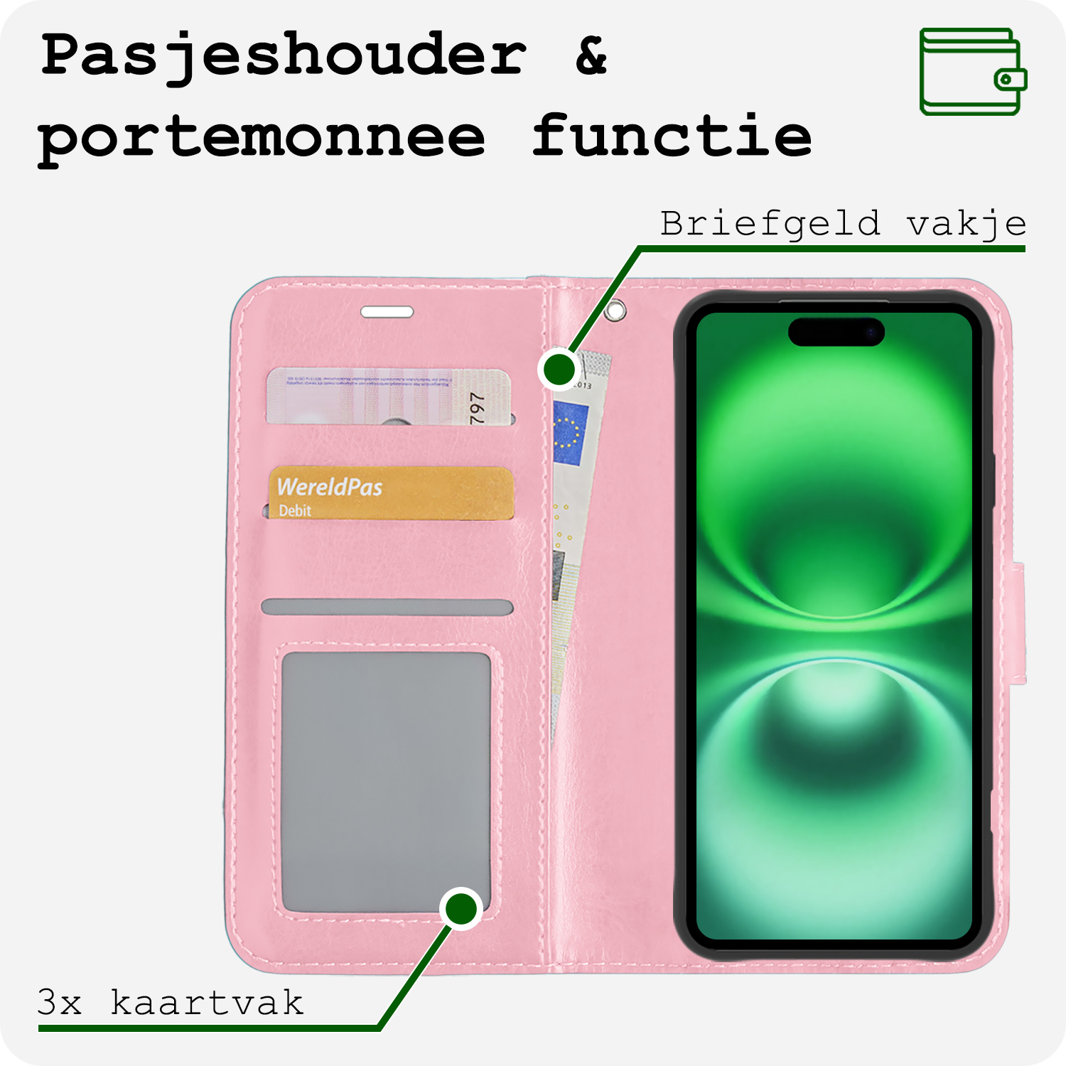 BASEY. Hoes Geschikt voor iPhone 16 Plus Hoesje Bookcase Hoes Flip Case Book Cover Met Screenprotector - Hoesje Geschikt voor iPhone 16 Plus Hoes Book Case Hoesje - Lichtroze