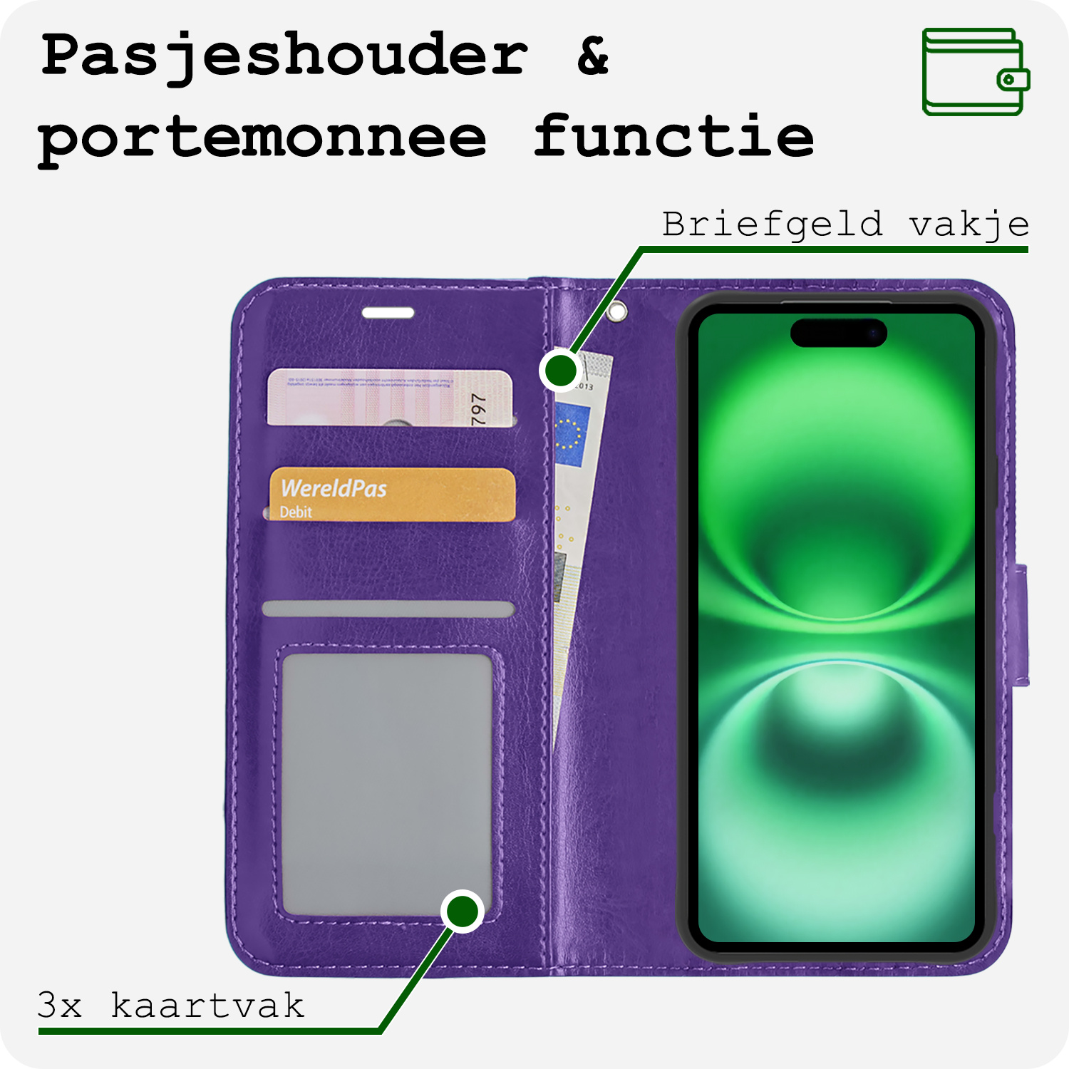 BASEY. Hoes Geschikt voor iPhone 16 Plus Hoesje Bookcase Hoes Flip Case Book Cover Met Screenprotector - Hoesje Geschikt voor iPhone 16 Plus Hoes Book Case Hoesje - Paars