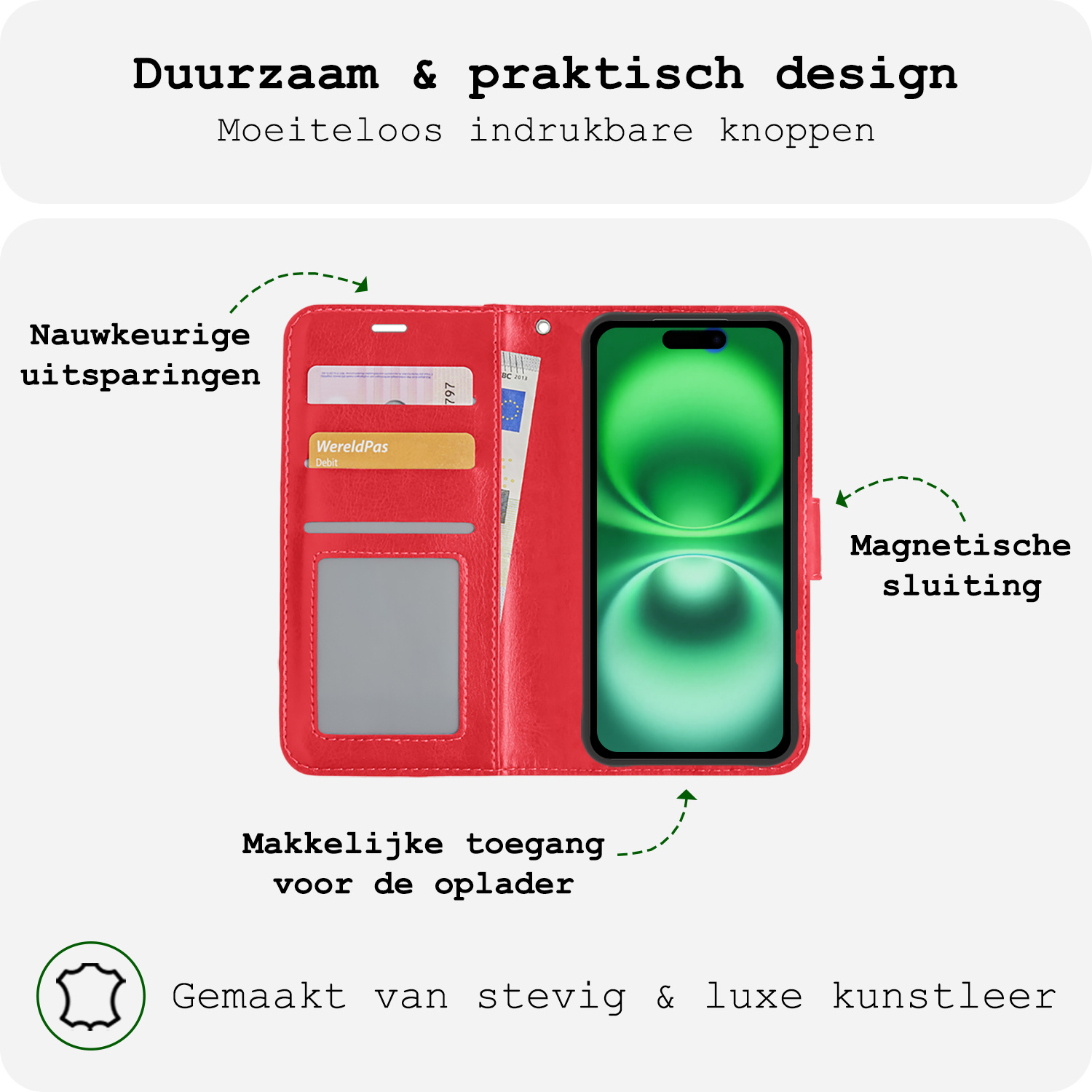 BASEY. Hoes Geschikt voor iPhone 16 Plus Hoesje Bookcase Hoes Flip Case Book Cover Met Screenprotector - Hoesje Geschikt voor iPhone 16 Plus Hoes Book Case Hoesje - Rood