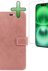 BASEY. Hoes Geschikt voor iPhone 16 Plus Hoesje Bookcase Hoes Flip Case Book Cover Met Screenprotector - Hoesje Geschikt voor iPhone 16 Plus Hoes Book Case Hoesje - Rosé goud