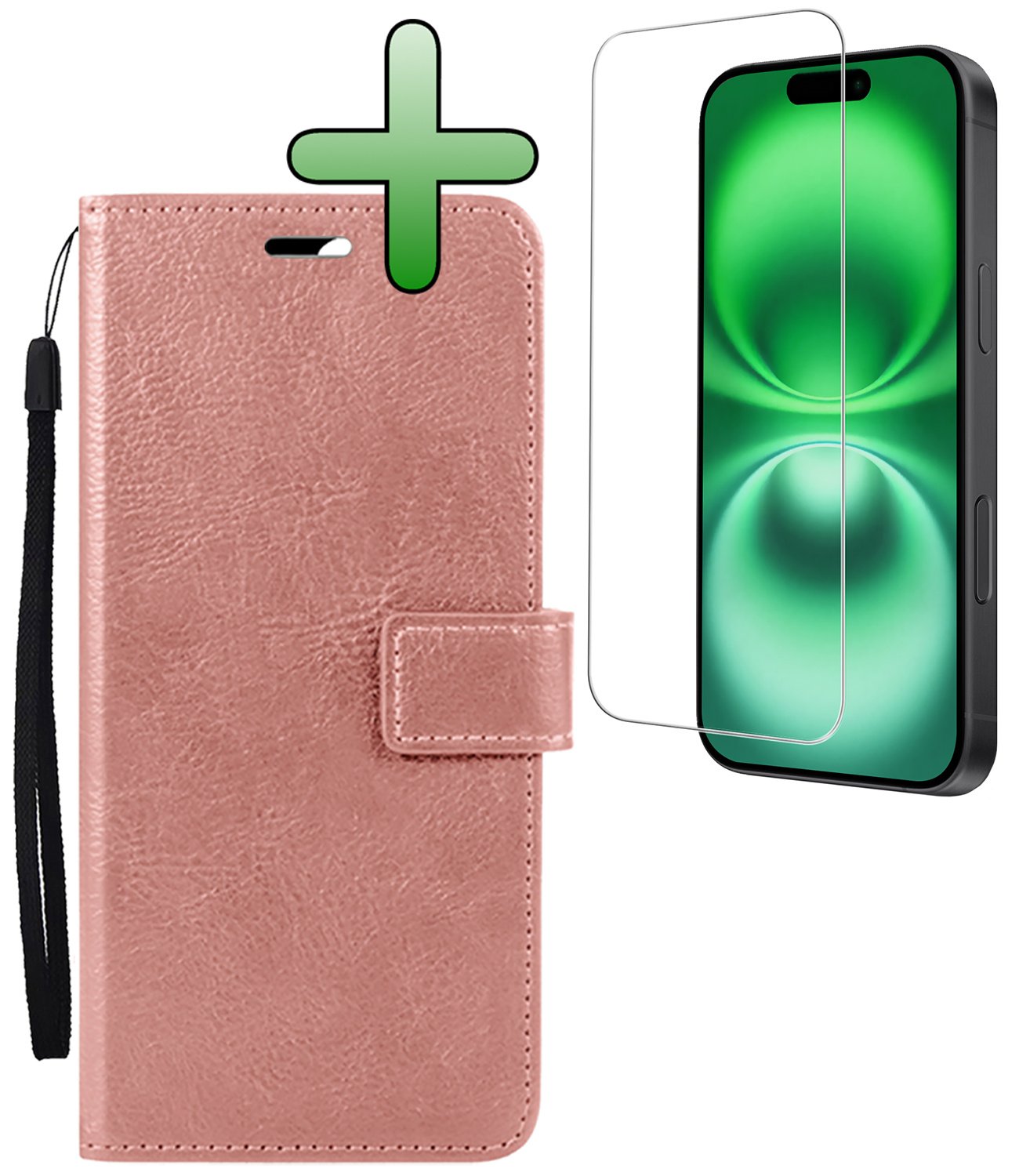 BASEY. Hoes Geschikt voor iPhone 16 Plus Hoesje Bookcase Hoes Flip Case Book Cover Met Screenprotector - Hoesje Geschikt voor iPhone 16 Plus Hoes Book Case Hoesje - Rosé goud