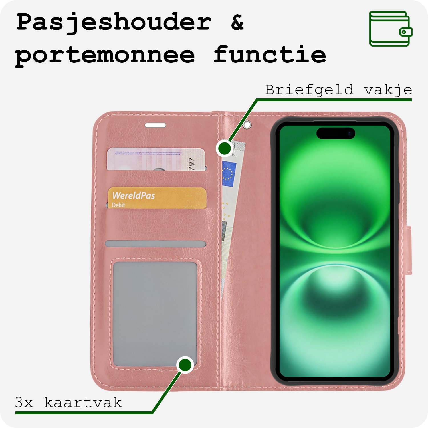 BASEY. Hoes Geschikt voor iPhone 16 Plus Hoesje Bookcase Hoes Flip Case Book Cover Met Screenprotector - Hoesje Geschikt voor iPhone 16 Plus Hoes Book Case Hoesje - Rosé goud