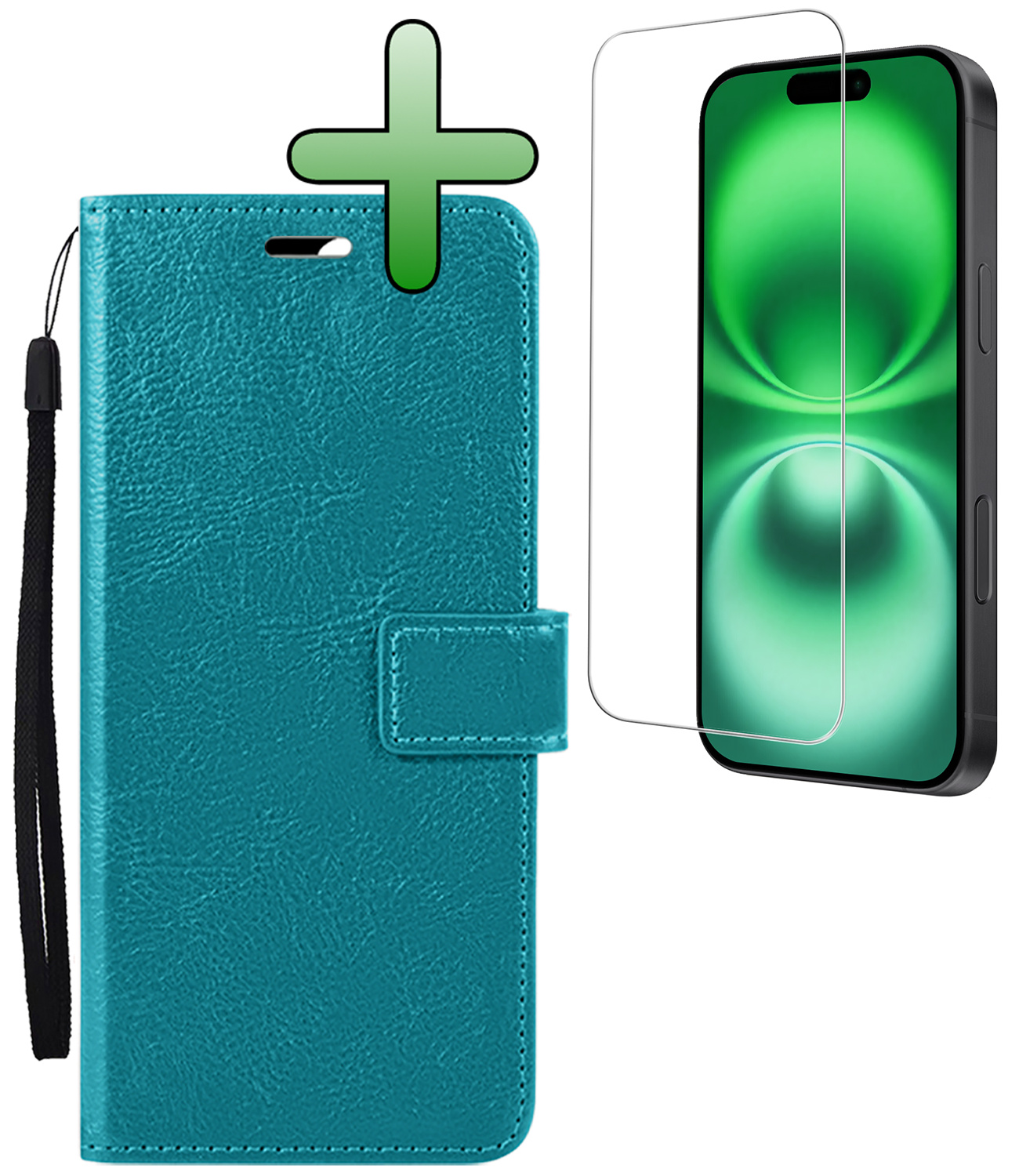 BASEY. Hoes Geschikt voor iPhone 16 Plus Hoesje Bookcase Hoes Flip Case Book Cover Met Screenprotector - Hoesje Geschikt voor iPhone 16 Plus Hoes Book Case Hoesje - Turquoise