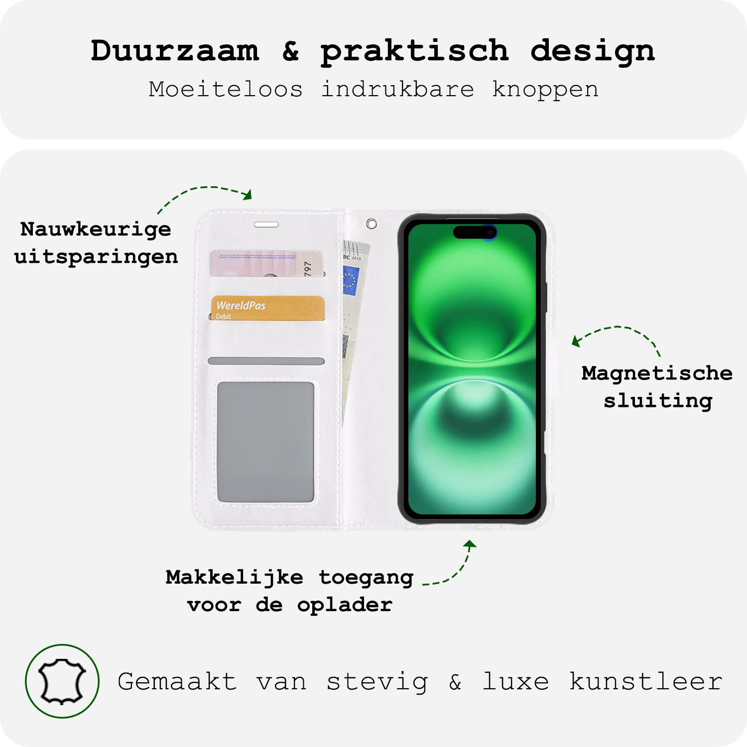 BASEY. Hoes Geschikt voor iPhone 16 Plus Hoesje Bookcase Hoes Flip Case Book Cover Met Screenprotector - Hoesje Geschikt voor iPhone 16 Plus Hoes Book Case Hoesje - Wit