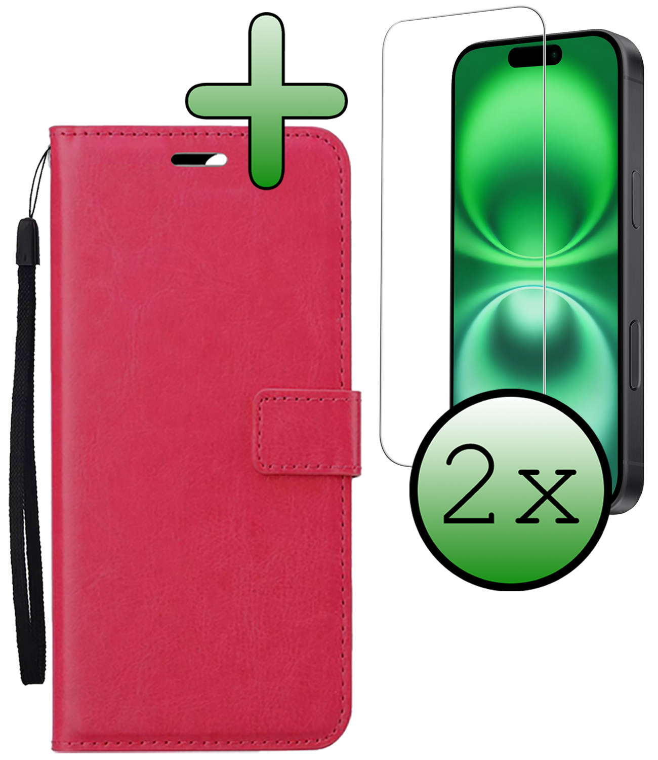 BASEY. Hoes Geschikt voor iPhone 16 Plus Hoesje Bookcase Hoes Flip Case Book Cover Met 2x Screenprotector - Hoesje Geschikt voor iPhone 16 Plus Hoes Book Case Hoesje - Donkerroze