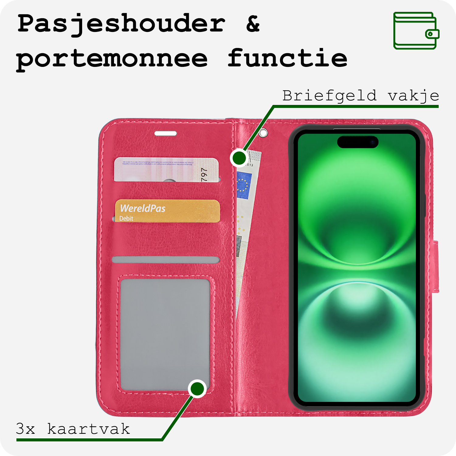 BASEY. Hoes Geschikt voor iPhone 16 Plus Hoesje Bookcase Hoes Flip Case Book Cover Met 2x Screenprotector - Hoesje Geschikt voor iPhone 16 Plus Hoes Book Case Hoesje - Donkerroze
