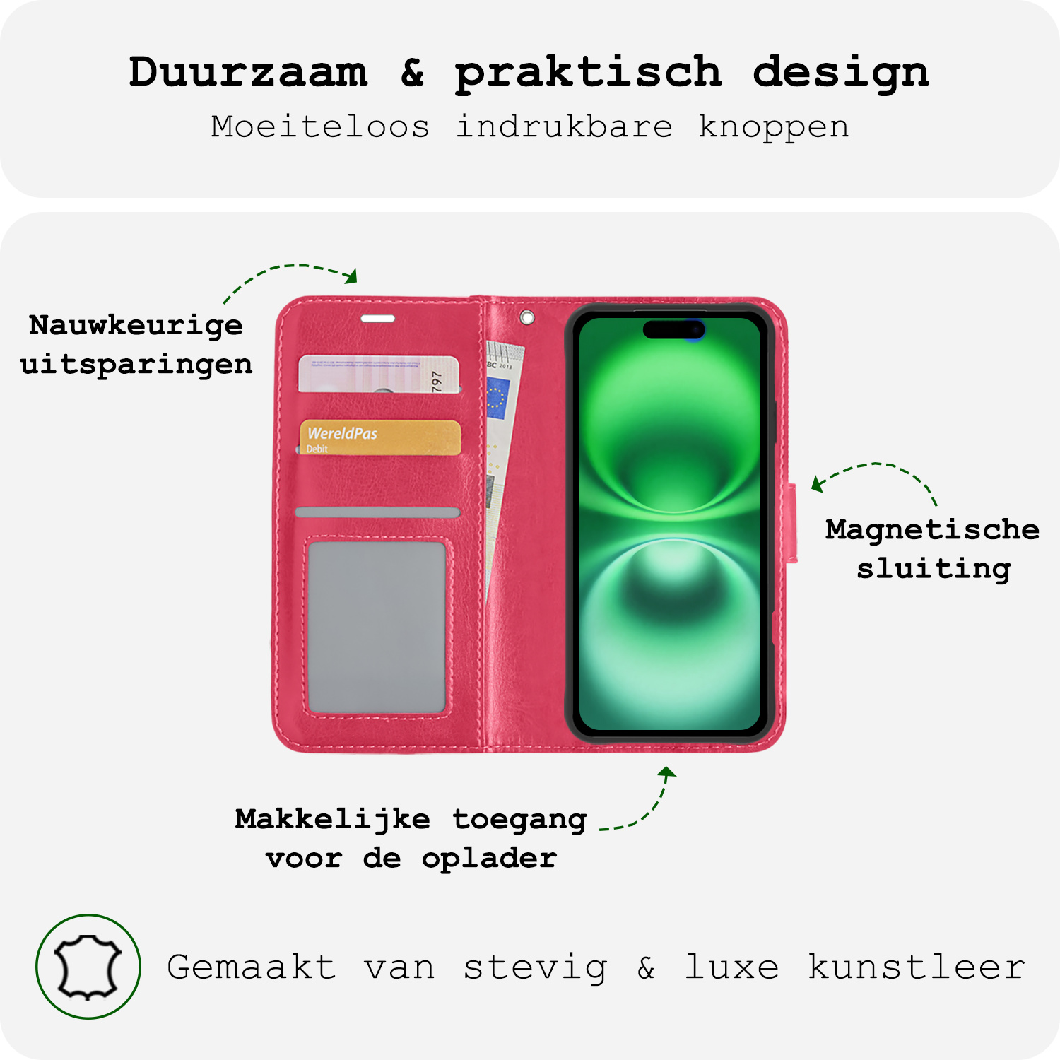 BASEY. Hoes Geschikt voor iPhone 16 Plus Hoesje Bookcase Hoes Flip Case Book Cover Met 2x Screenprotector - Hoesje Geschikt voor iPhone 16 Plus Hoes Book Case Hoesje - Donkerroze