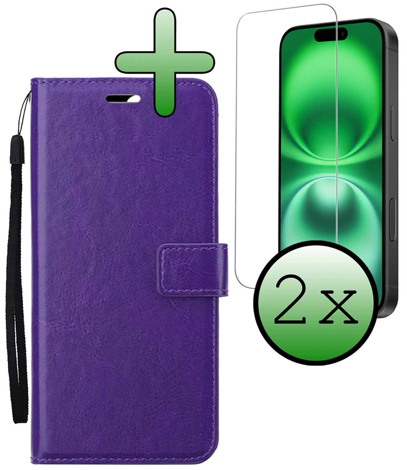 BASEY. Hoes Geschikt voor iPhone 16 Plus Hoesje Bookcase Hoes Flip Case Book Cover Met 2x Screenprotector - Hoesje Geschikt voor iPhone 16 Plus Hoes Book Case Hoesje - Paars