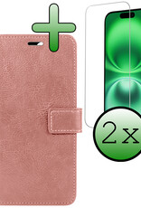 BASEY. Hoes Geschikt voor iPhone 16 Plus Hoesje Bookcase Hoes Flip Case Book Cover Met 2x Screenprotector - Hoesje Geschikt voor iPhone 16 Plus Hoes Book Case Hoesje - Rosé goud