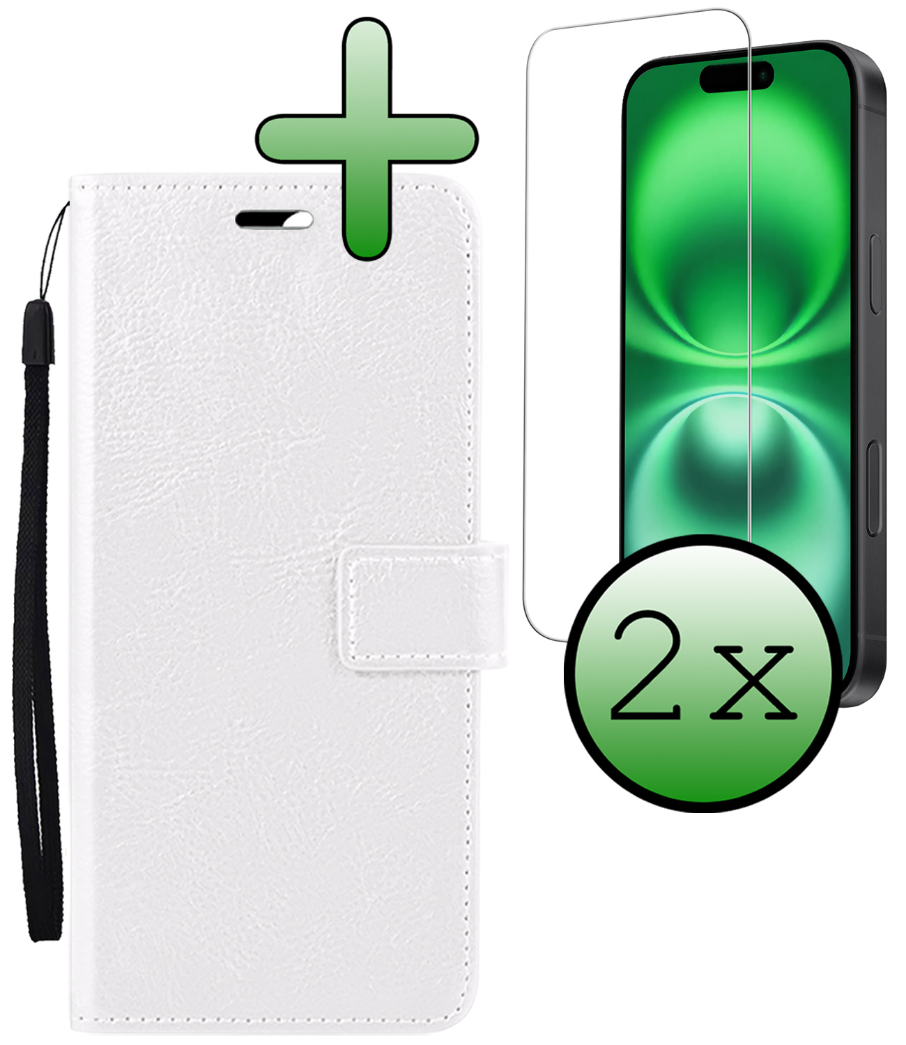 BASEY. Hoes Geschikt voor iPhone 16 Plus Hoesje Bookcase Hoes Flip Case Book Cover Met 2x Screenprotector - Hoesje Geschikt voor iPhone 16 Plus Hoes Book Case Hoesje - Wit