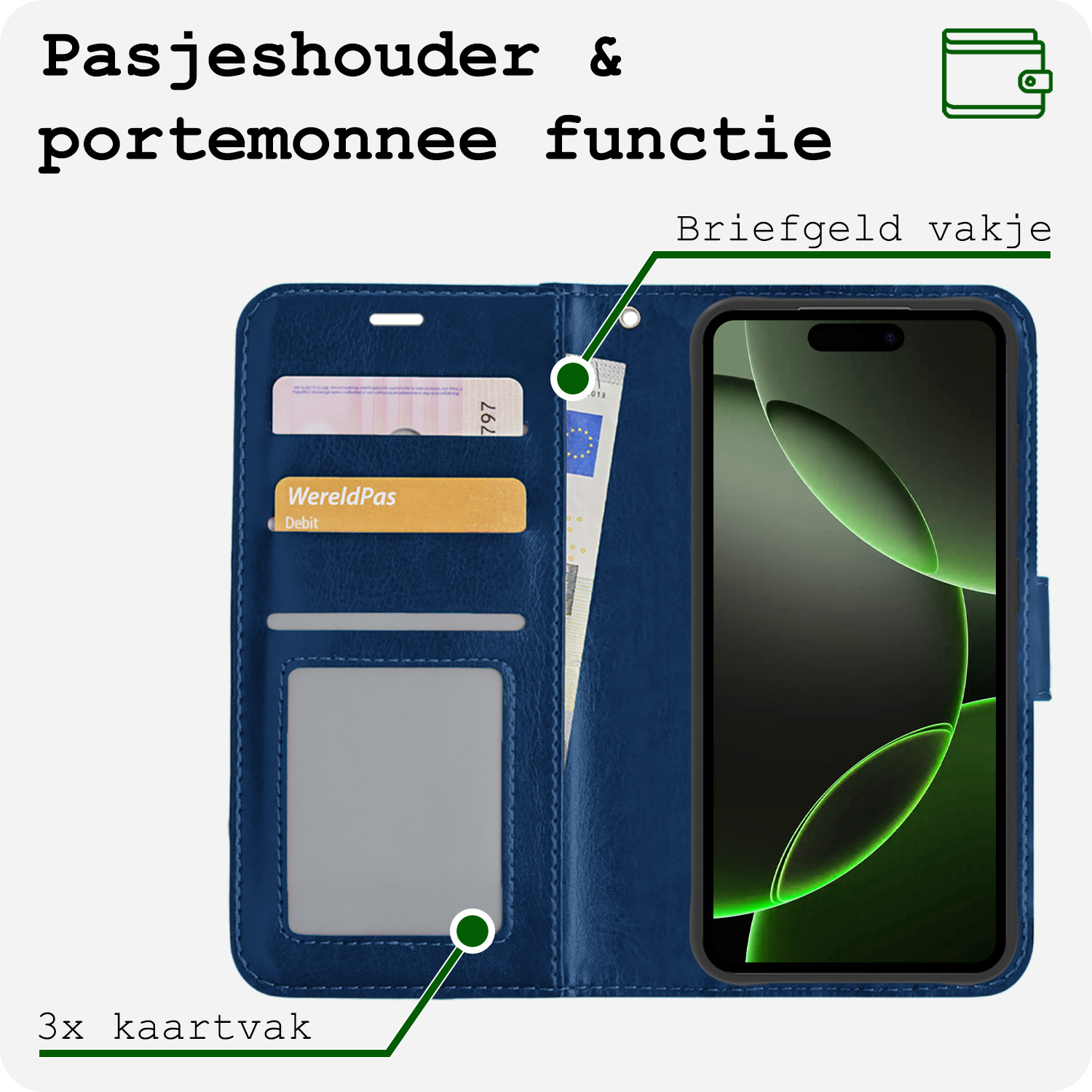 BASEY. Hoes Geschikt voor iPhone 16 Pro Hoesje Bookcase Hoes Flip Case Book Cover - Hoesje Geschikt voor iPhone 16 Pro Hoes Book Case Hoesje - Donkerblauw