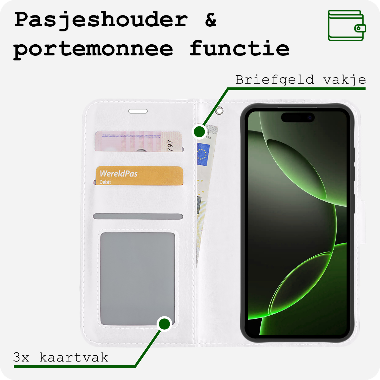 BASEY. Hoes Geschikt voor iPhone 16 Pro Hoesje Bookcase Hoes Flip Case Book Cover - Hoesje Geschikt voor iPhone 16 Pro Hoes Book Case Hoesje - Wit
