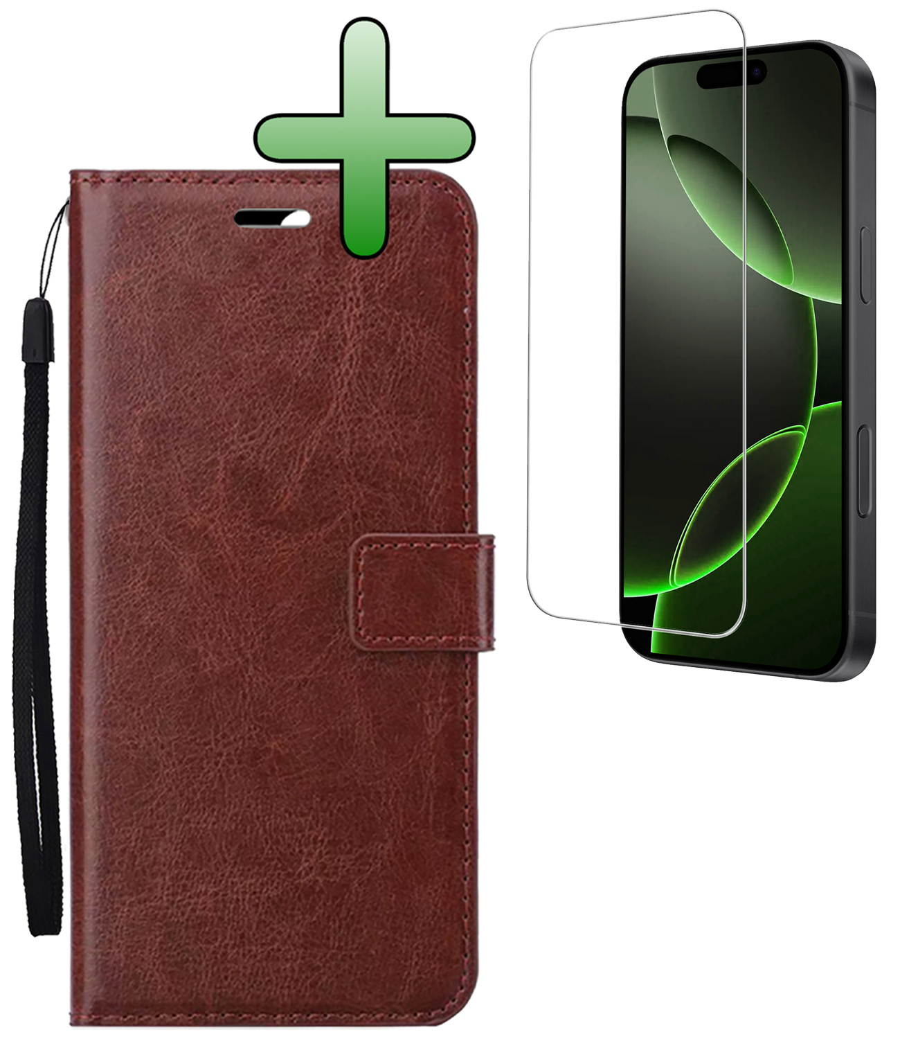 BASEY. Hoes Geschikt voor iPhone 16 Pro Hoesje Bookcase Hoes Flip Case Book Cover Met Screenprotector - Hoesje Geschikt voor iPhone 16 Pro Hoes Book Case Hoesje - Bruin