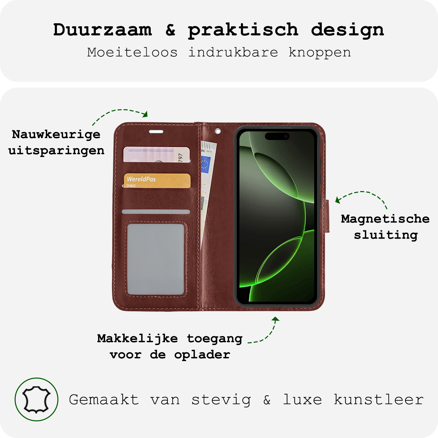 BASEY. Hoes Geschikt voor iPhone 16 Pro Hoesje Bookcase Hoes Flip Case Book Cover Met Screenprotector - Hoesje Geschikt voor iPhone 16 Pro Hoes Book Case Hoesje - Bruin