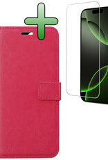 BASEY. Hoes Geschikt voor iPhone 16 Pro Hoesje Bookcase Hoes Flip Case Book Cover Met Screenprotector - Hoesje Geschikt voor iPhone 16 Pro Hoes Book Case Hoesje - Donkerroze