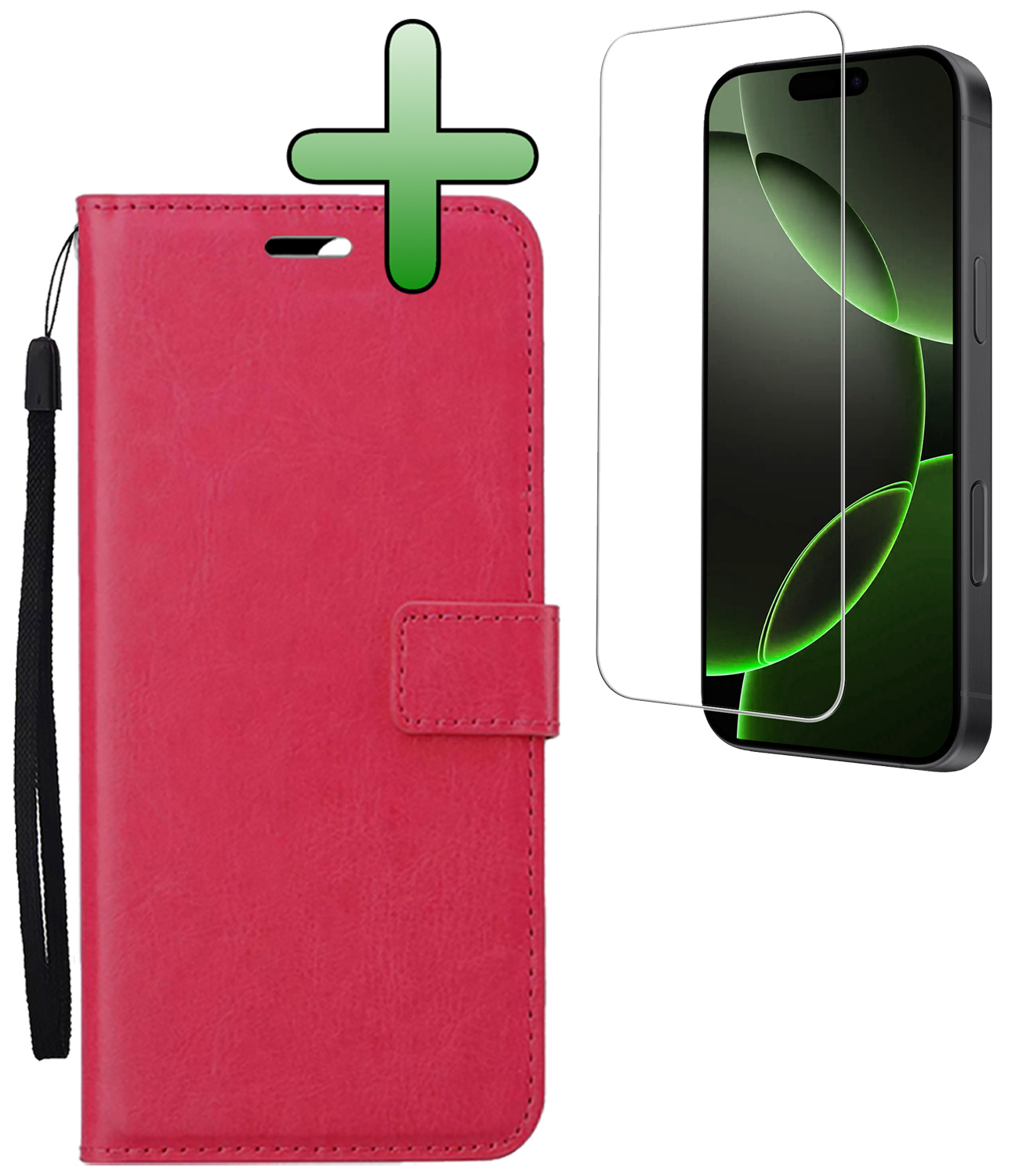 BASEY. Hoes Geschikt voor iPhone 16 Pro Hoesje Bookcase Hoes Flip Case Book Cover Met Screenprotector - Hoesje Geschikt voor iPhone 16 Pro Hoes Book Case Hoesje - Donkerroze
