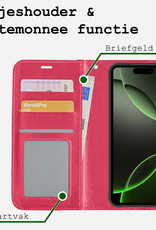 BASEY. Hoes Geschikt voor iPhone 16 Pro Hoesje Bookcase Hoes Flip Case Book Cover Met Screenprotector - Hoesje Geschikt voor iPhone 16 Pro Hoes Book Case Hoesje - Donkerroze
