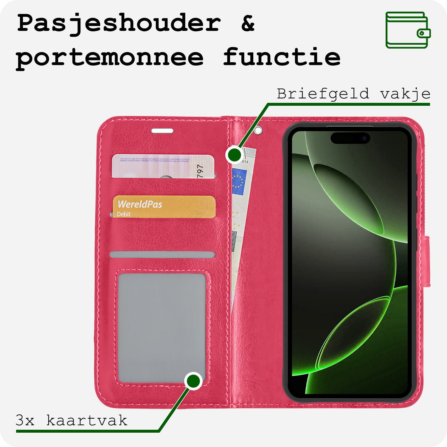 BASEY. Hoes Geschikt voor iPhone 16 Pro Hoesje Bookcase Hoes Flip Case Book Cover Met Screenprotector - Hoesje Geschikt voor iPhone 16 Pro Hoes Book Case Hoesje - Donkerroze
