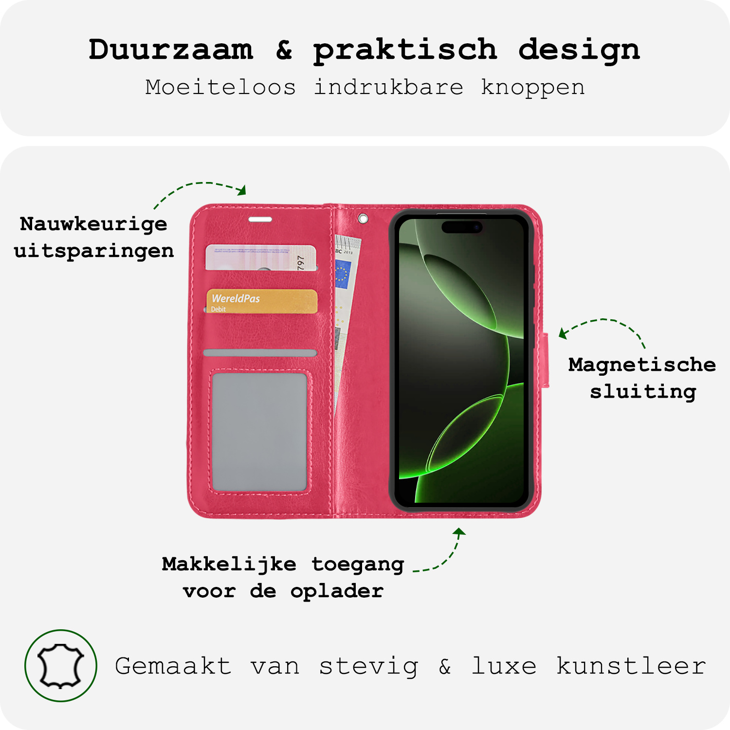 BASEY. Hoes Geschikt voor iPhone 16 Pro Hoesje Bookcase Hoes Flip Case Book Cover Met Screenprotector - Hoesje Geschikt voor iPhone 16 Pro Hoes Book Case Hoesje - Donkerroze