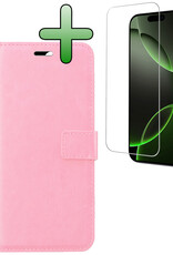 BASEY. Hoes Geschikt voor iPhone 16 Pro Hoesje Bookcase Hoes Flip Case Book Cover Met Screenprotector - Hoesje Geschikt voor iPhone 16 Pro Hoes Book Case Hoesje - Lichtroze