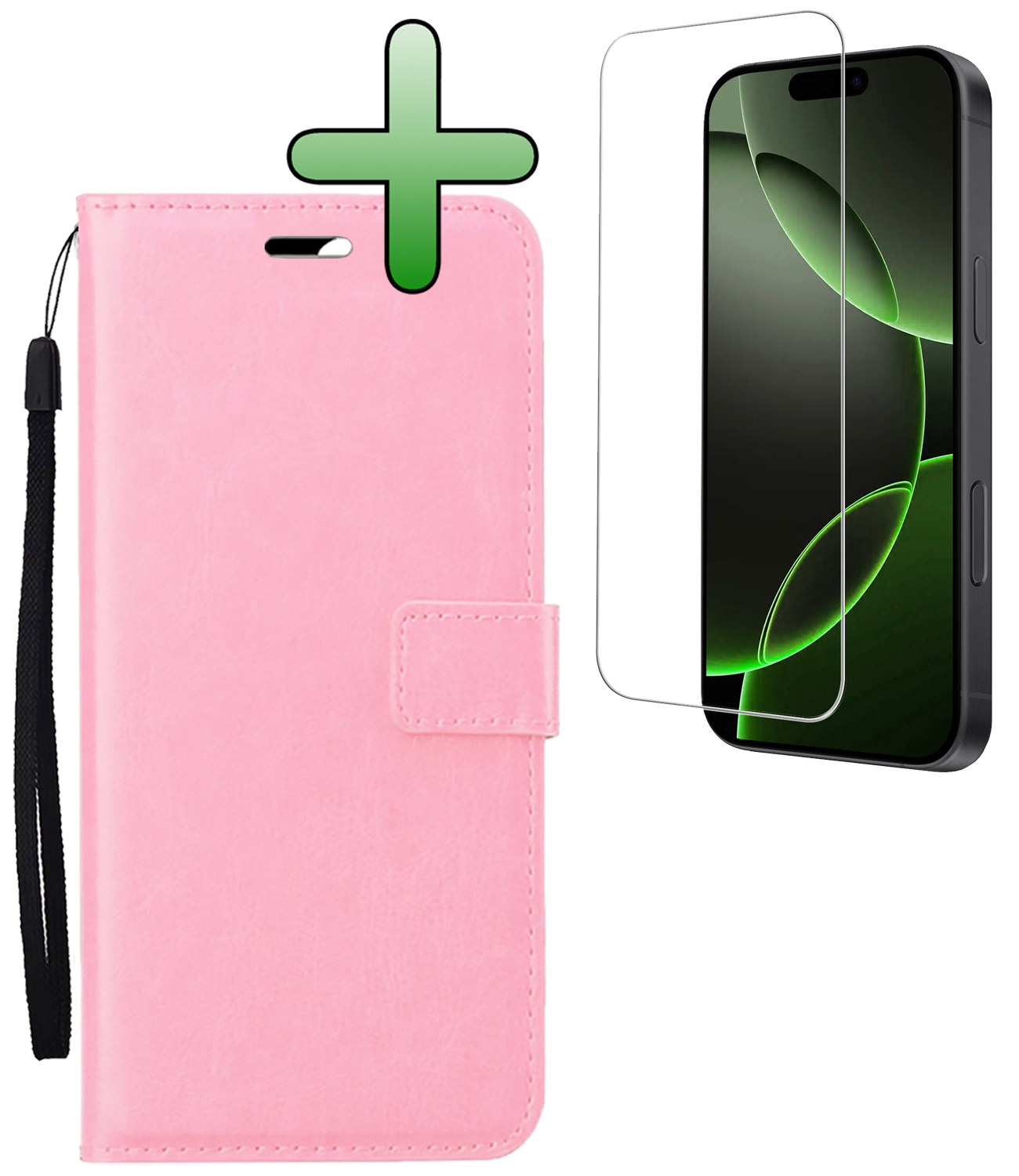 BASEY. Hoes Geschikt voor iPhone 16 Pro Hoesje Bookcase Hoes Flip Case Book Cover Met Screenprotector - Hoesje Geschikt voor iPhone 16 Pro Hoes Book Case Hoesje - Lichtroze